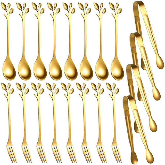 Leaf Coffee Spoons, Mini Serving Tongs and Appetizer Forks Stainless Steel Sugar Cube Tongs Dessert Spoons Metal Dinner Forks for Dessert Coffee Tea (20, Gold)