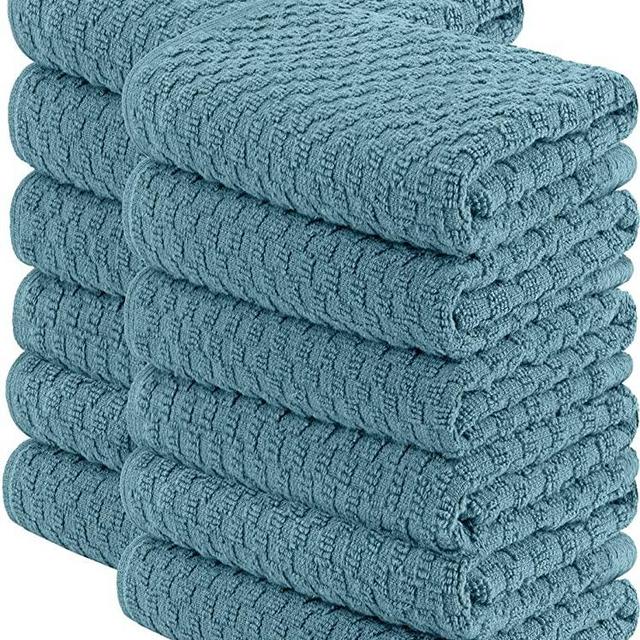 [12 Pack] Kitchen Dish Hand Towels, 100% Cotton Dobby Weave, 410GSM Absorbent Terry Cleaning Cloth, 15x26, Aqua