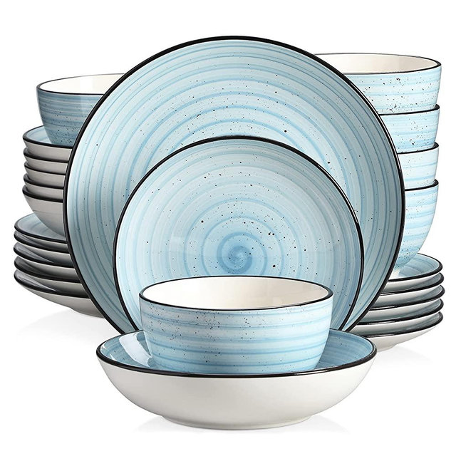 vancasso Bonbon Blue Dinnerware Sets 24 Pieces Stoneware Plates and Bowls Set, Handpainted Spirals Pattern Combination Set with Dinner Plates, Dessert Plates, Soup Plates and Bowls Service for 6