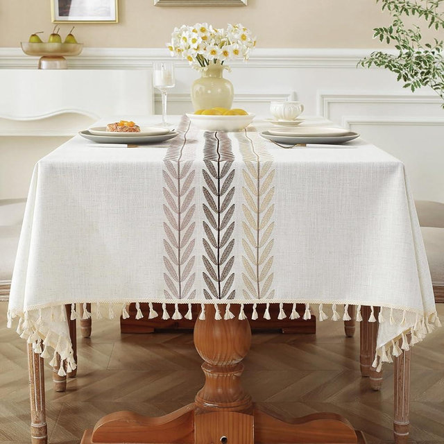 Laolitou Cotton Linen Waterproof Tablecloth for Dining Table Farmhouse Kitchen Rectangle Table Cloth Coffee Wrinkle Free Cover, Beige, Wine Leaf, 55x70 Inch