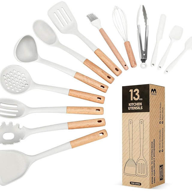 Kitchen Utensils Set, 13PCS Silicone Cooking Utensils, Heat Resistant Kitchen Utensil Spatula Set for Nonstick Cookware, Wooden Handles Kitchen Gadgets Tools Set