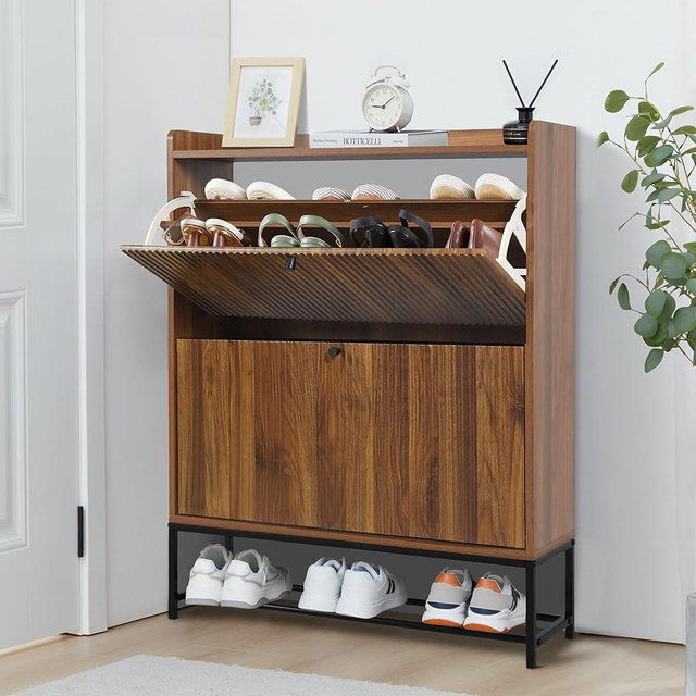 RARZOE Fluted Shoe Cabinet with 2 Flip Drawers, Modern Slim Shoe Storage Organizer, Narrow Entryway Shoe Rack, Wooden Shoe Cabinet with Metal Legs for Heels, Boots, Slippers in Entrance, Walnut