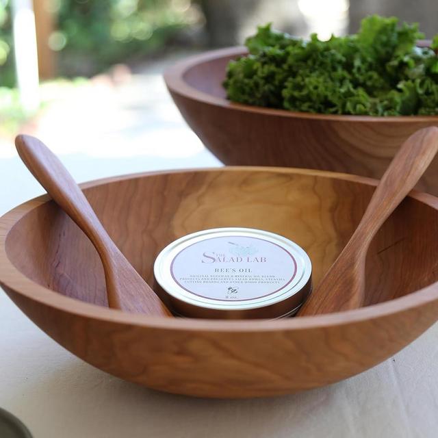 The Salad Lab 12-inch Round Cherry Wood Salad Bowl Set - Handmade Bowl with 9" Tossers and Bee's Oil