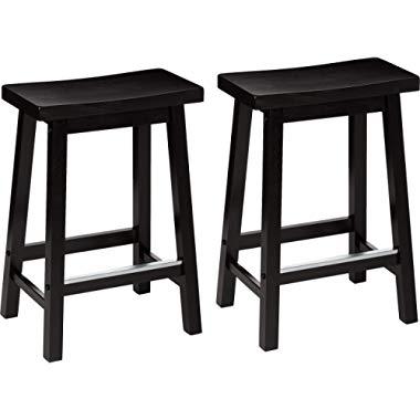 AmazonBasics Classic Solid Wood Saddle-Seat Kitchen Counter Stool with Foot Plate 24 Inch, Black, Set of 2