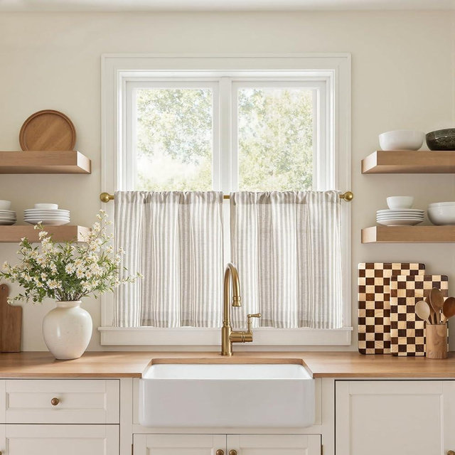 jinchan Striped Linen Kitchen Curtains 20 Inches Tier Curtains Farmhouse Modern Cafe Style Small Window Treatments Airy Light Filtering Rod Pocket for Living Room Bathroom 2 Panels Taupe Grey