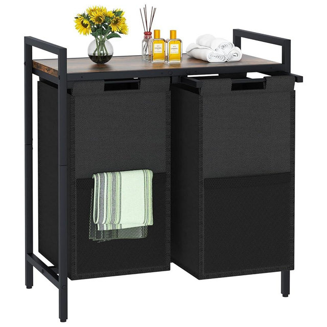 Huhote Laundry Hamper, double Laundry Basket, Laundry Sorter with Top Shelf & 2 Removable Washable Bags & Side Pockets for Laundry Room organization, Bathroom and Dorm, Rustic Brown and Black