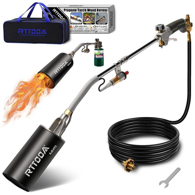 Propane Torch Weed Burner-GJD490, 1,300,000 BTU, Weed Torch with 1lb Propane Cylinder Converter and 10FT Hose, Flame Control and Turbo Trigger Push Button Igniter, Garden Wood Ice Snow (Dark Gray)