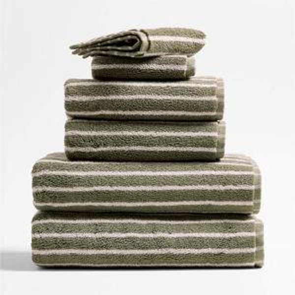 Organic Turkish Cotton Shadow Sage and Pampas Ivory Stripe Bath Towels, Set of 6 + Reviews | Crate & Barrel