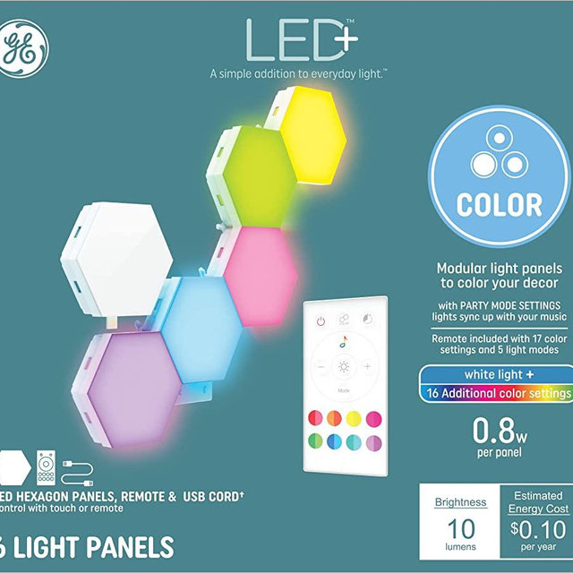GE Lighting LED+ Color Changing Tile Panels, 17 Color Settings & 5 Light Modes, No App or Wi-Fi Required, Remote and USB Cord Included (6 Pack)