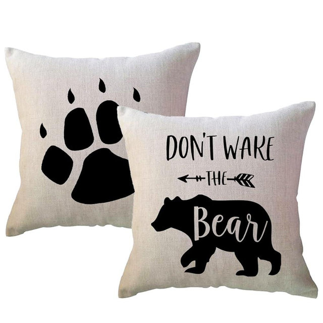 ULOVE LOVE YOURSELF 2Pack Bear Throw Pillow Cover Don’t Wake The Bear Black Bear Beige Background Cushion Covers Bear Paw Cabin/Camper Decorative Pillowcases 18x18 Inch