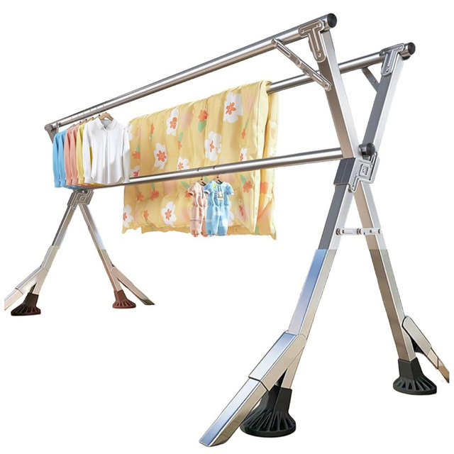 95 Inches Clothes Drying Rack Clothing Windproof Design, Heavy Duty Stainless Steel Laundry Drying Rack Folding Indoor Outdoor, Foldable Portable Clothing Racks for Hanging Clothes, 20 Hooks 12 Clips