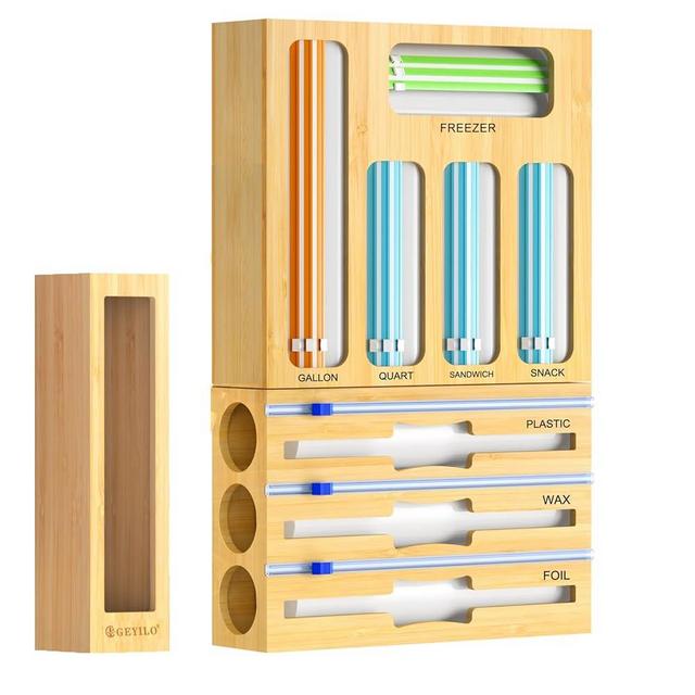 9 IN 1 Plastic Wrap Dispenser with Cutter, Kitchen Organizers and Storage, Bamboo Bag Organizer for Kitchen Drawer, Compatible with Gallon, Quart, Sandwich & Snack - Variety Size Bags