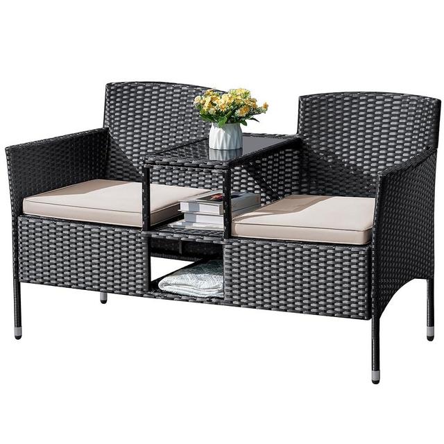 Flamaker Outdoor Furniture Patio Loveseat Wicker 2-Seat with Built-in Table and Cushions Rattan Porch Chairs Bench for Balcony, Lawn, Backyard (Beige)