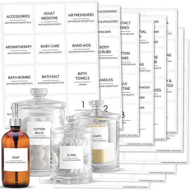 Talented Kitchen 174 Minimalist Bathroom Labels Set with Makeup Labels, Black Print on White Matte Backing, Water Resistant. 174 Bathroom, Beauty & Makeup Vinyl Stickers. Organization Storage System