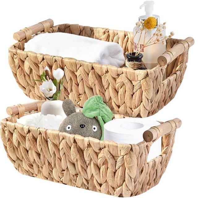 OUTBROS Handwoven wicker storage basket, Multifunctional wicker basket with wooden handles, used for kitchen, living room shelf sorting, Water Hyacinth, 2-Pack