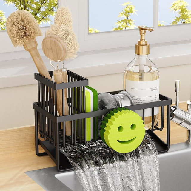 MURLONG Kitchen Sink Organizer,Sink Caddy Organizer with Removable Brush Holder,Self-Draining Kitchen Countertop Organizers and Storage Essentials,Home Decor and Kitchen Gadgets-Black