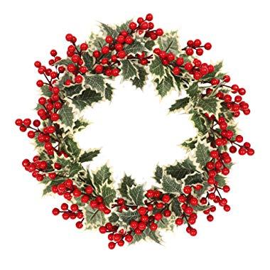 MeetSun Fall Wreath, 16 inch Front Door Wreath, Christmas Wreath with Leaves and Red Berry,Green Wreath for Front Door, Ideal for Autumn & Halloween & Thanksgiving Day, Indoor Outdoor Decor