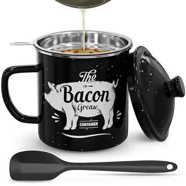 Bacon Grease Container With Strainer, 46OZ Large Enamel Grease Container, With Silicone Spatula, Farmhouse Bacon Grease Keeper, Cooking Oil Container For Kitchen Fat Storage, Dishwasher Safe-Black