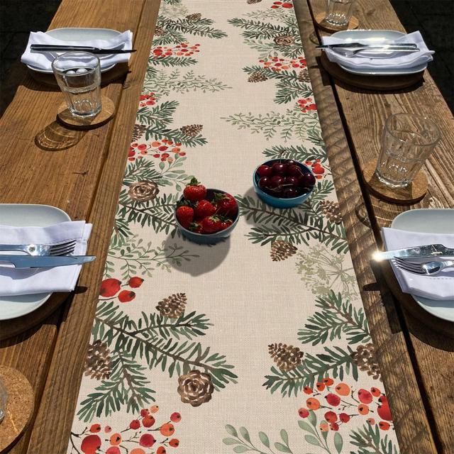 Seliem Winter Pine Cone Needle Branch Berry Table Runner, Watercolor Botanical Tabletop Scarf Home Kitchen Plant Decor, Seasonal Farmhouse Holiday Rustic Burlap Dining Decorations Party Supply 13 X 72