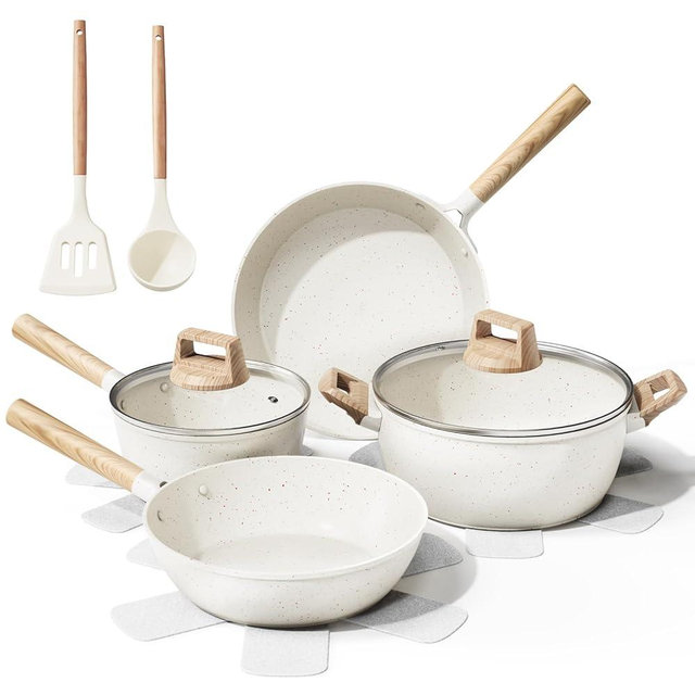 Bazova 11 Pcs Pots and Pans Set Non Stick,Ceramic Cookware Set with Large Capacity,Healthy & Non Toxic Induction Cookware, Nonstick Kitchen Cooking Set with Utensils,PTFE/PFAS/PFOA Free,Cream White
