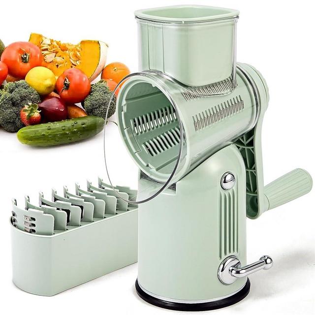 Rotary Cheese Grater with Handle Vegetable Shredder with 5 Interchangeable Blades, Kitchen Food Slicer and Chopper with Strong Suction Base for Fruit Vegetables Nuts with Blade Storage Box (Green)