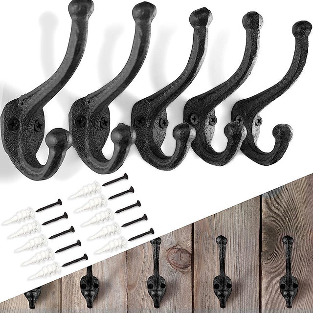 Rustic Cast Iron Coat Hooks (5 Pack) Wall Mounted Farmhouse Decorative Wall Hooks, Vintage Hooks for Hanging Coats, Bags, Hats, Towels (Antique Black, Includes Hardware)