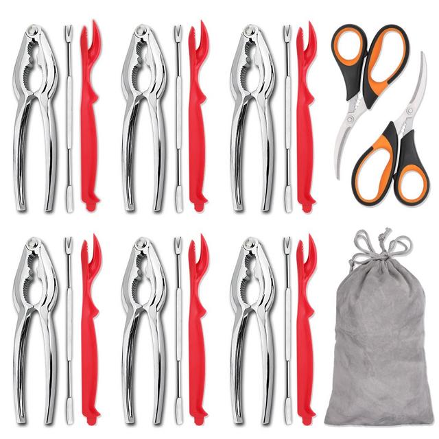 Hiware 19-piece Seafood Tools Set includes 6 Crab Crackers, 6 Lobster Shellers, 6 Crab Leg Forks/Picks and 1 Seafood Scissors Storage Bag - Nut Cracker Set