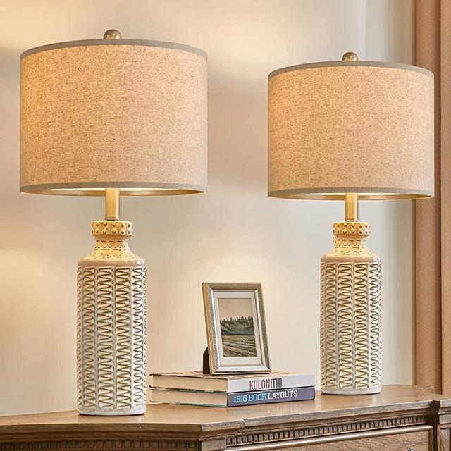 OYEARS Modern Contemporary 24.75 Inches Ceramic Table Lamp Set of 2 for Bedroom Living Room Vintage Rustic Farmhouse Traditional Nightstand Bedside Lamps