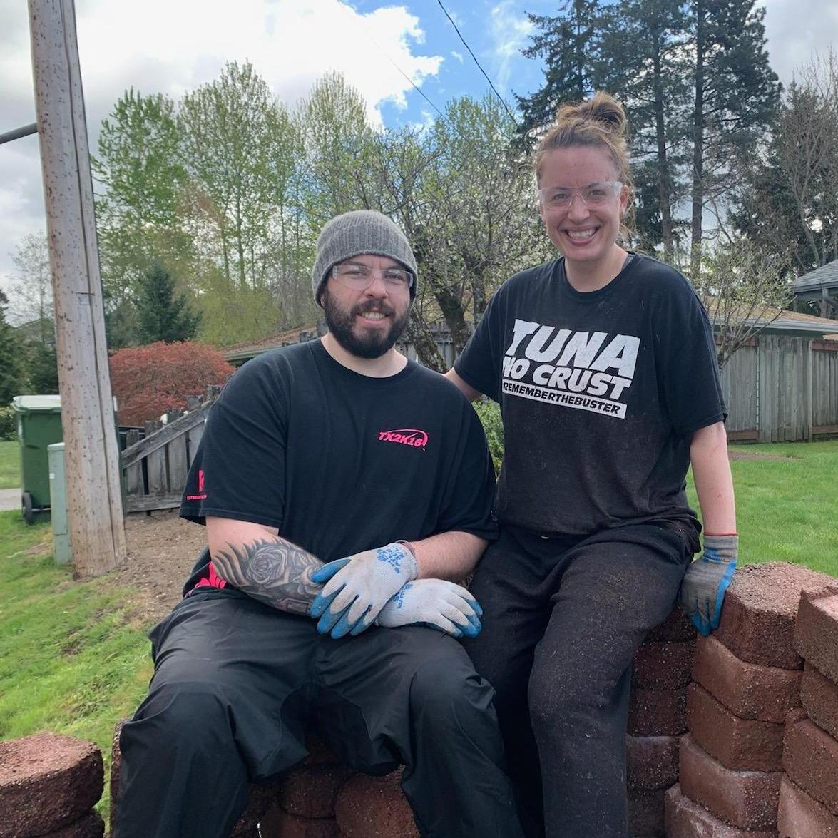 Snapped a casual home improvement pic while covered in bricks.