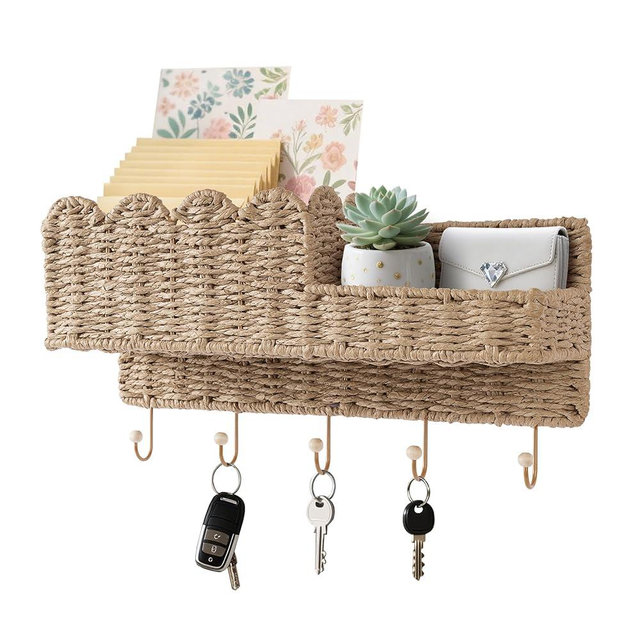 AELS Scalloped Woven Wall Mount Key Holder with 5 Hooks, Decorative Paperstraw Mail Organizer for Entryway, Wave Design Ratten Key Rack, Entryway Organizer, Living Room & Hallway Decor, Natural