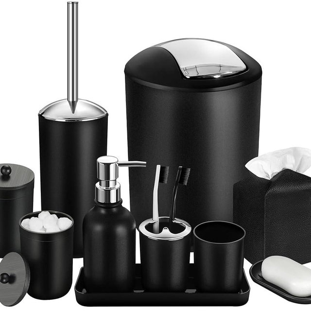 ALPIRIRAL Black Bathroom Accessories Set, 10Pcs Bathroom Accessory Set with Trash Can, Soap Dispenser and Toothbrush Holder, Soap Dish, Cotton Ball & Qtip Holder, Toilet Brush Holder, Tissue Box Cover