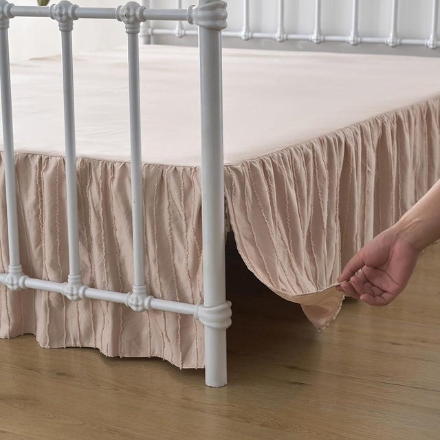 Bed Skirt Queen Size, Ruffled Bed Skirt with Split Corners, Bed Skirting Queen Size 12 Inch Drop with Platform, Striped, Boho, Cream -12" Queen