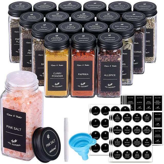 CUCUMI 18pcs Spice Jars with Labels, 4oz Empty Square Spice Bottles with Shaker Lids, Black Airtight Metal Caps, Collapsible Funnel, Chalk Pen, Seasoning Containers for Spice Rack, Drawer, Cabinet
