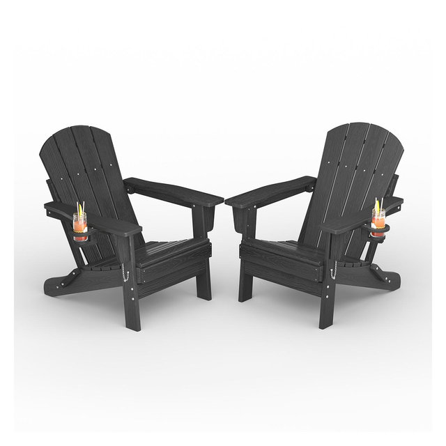 Set of 2 Folding Adirondack Chairs, All-Weather HDPE Outdoor Seating with Wood Texture & Cup Holders for Patio, Fire Pit, and Garden,Black