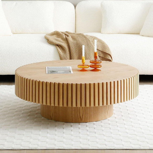 kevinplus 31.49'' Oak Round Coffee Table Modern Wood Coffee Table for Living Room, Contemporary Circle Fluted Drum Coffee Table, Easy Assembly, Oak (ø31.49'' x 13.77'')