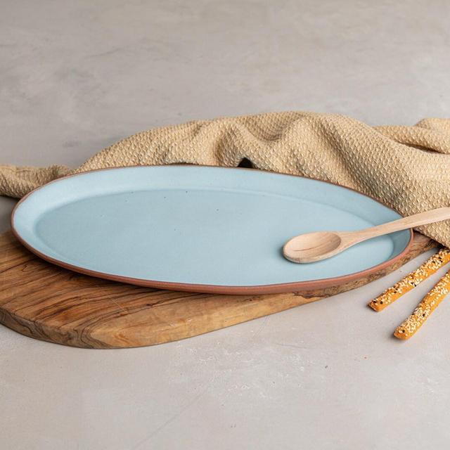 Large Oval Handmade Platter, 13.5" Long Serving Tray, Pottery Cheese Serving Plate, Light Blue Rustic Oval Serving Dish, Ceramic Oval Plate
