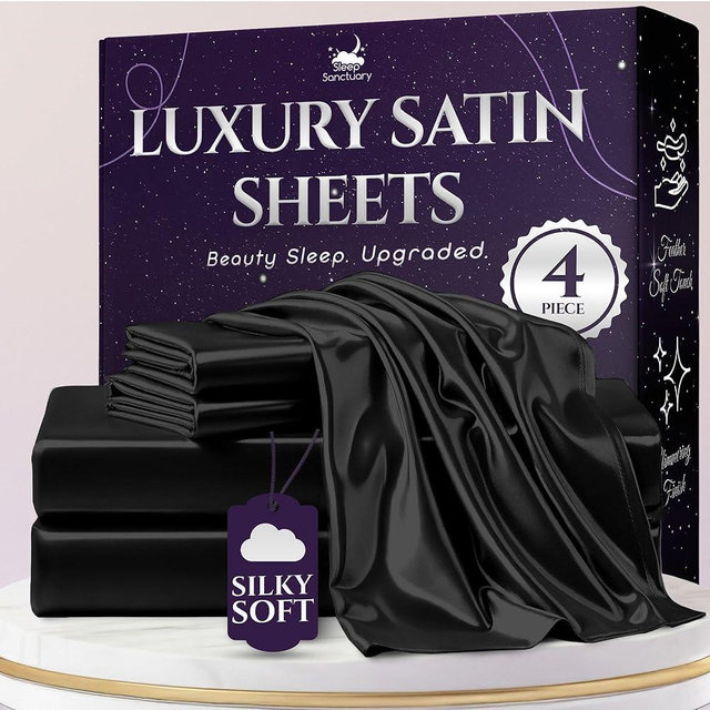 SLEEP SANCTUARY Satin Sheets King Size – 4 Piece Luxury Silky Bed Set, Softer Than Silk, 15" Deep Pocket, Cooling & Wrinkle-Free, Moisture-Wicking & Breathable for Hair & Skin (Black)