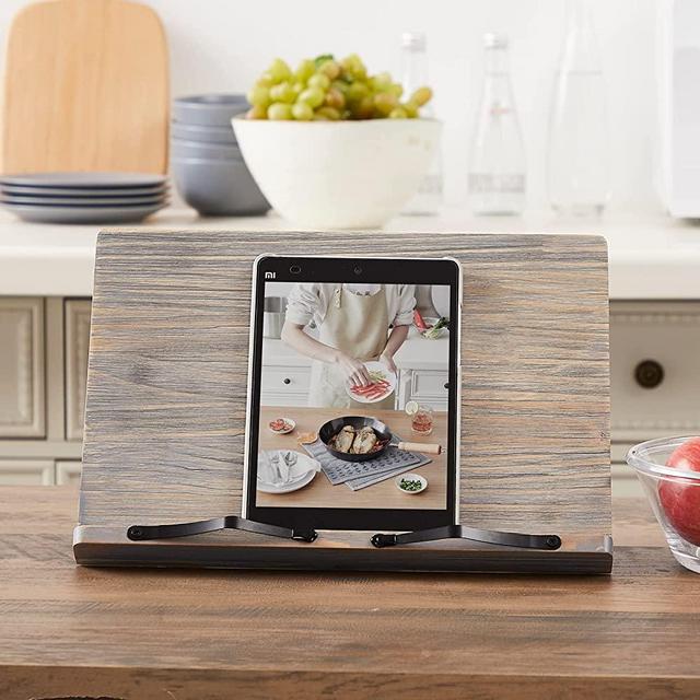 Book Holder, Cookbook Stand, A4 Size Book Stand for Reading, Recipe Book Holder with 7 Adjustable Angle Settings, 13.4 X 9.45 Inch, Rustic Ash