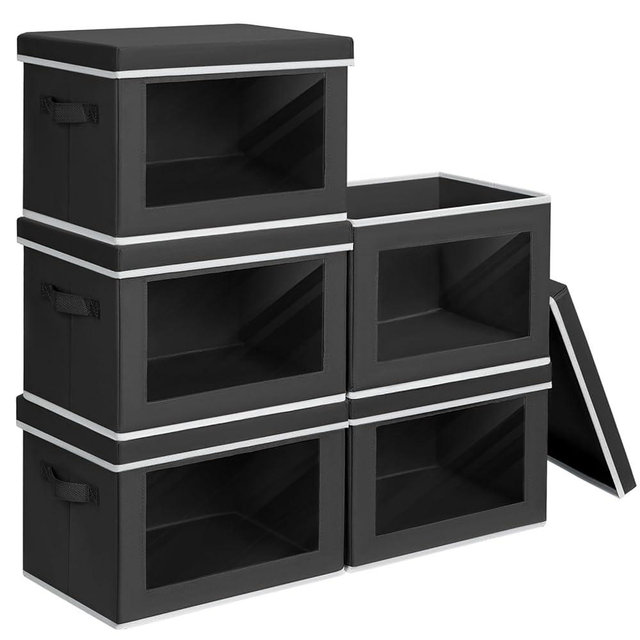 Homsorout Storage Boxes with Lids - 5 Pack Foldable Clear Window Storage Bins, Large Decorative Storage Bins with Handles, Storage Containers for Clothes, Towel, Blanket, Sheet, Black