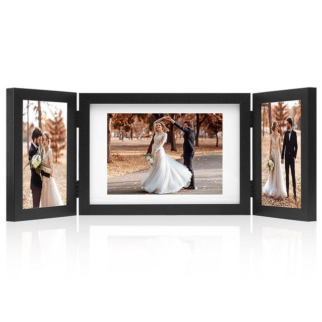 DECOCIAGA Hinged 3 Picture Frame 4x6&5x7 Wooden Folding Collage Multiple Photo Frame for Family Decor or stand Office Desktop Glass Frame (black)