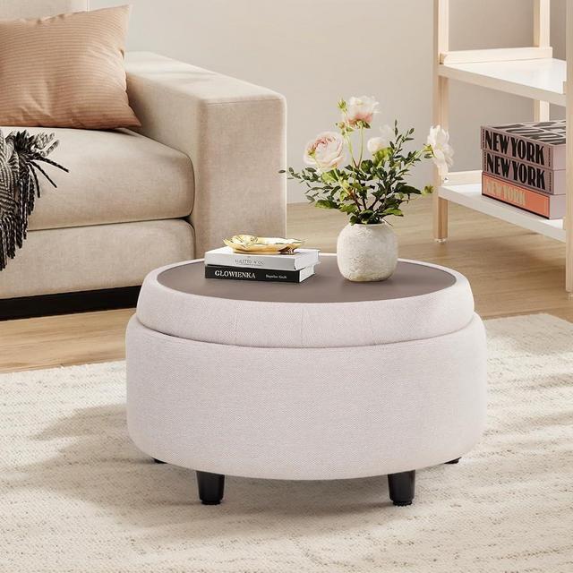 COLAMY Fabric Round Storage Ottoman with Reversible Tray Lid – Multi-Functional Footrest, Hidden Storage, Sturdy & Stylish Small Coffee Table for Living Room, Bedroom, or Entryway(Beige)
