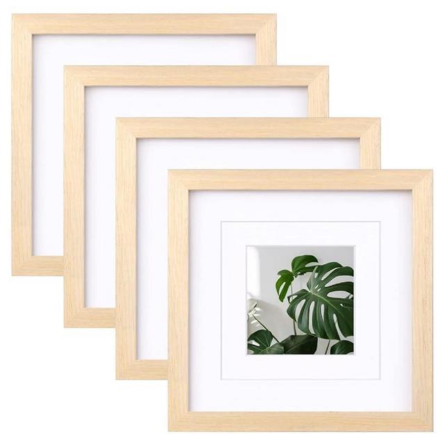 Egofine 8x8 Picture Frames Made of Solid Wood with Plexiglass, Display Pictures 4x4/6x6 with Mat or 8x8 Without Mat Set of 4 for Tabletop and Wall Mounting, Natural Wood
