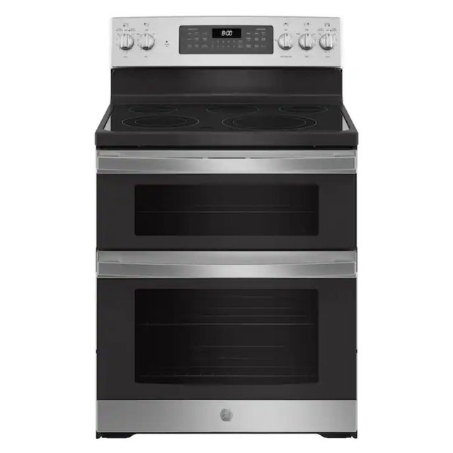 GE - 6.6 Cu. Ft. Freestanding Double Oven Electric Convection Range with Self-Steam Cleaning and No-Preheat Air Fry - Stainless Steel