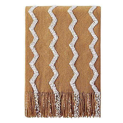 Bourina Fluffy Chenille Knitted Fringe Throw Blanket Lightweight Soft Cozy for Bed Sofa Chair Throw Blankets, 50" x 60" (Dark Gold, 50"x60")