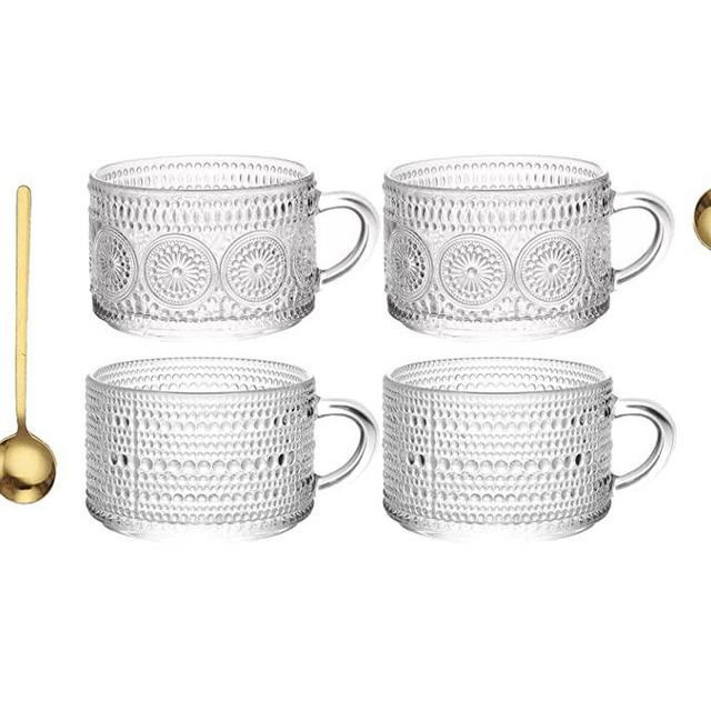 Vintage Coffee Mugs, Glass Coffee Mugs 14 Oz Set of 4 Embossed Glass Cups, Tea Cups, Glass Coffee Cups for Cappuccino, Latte, Cereal, Yogurt, Hot/Cold Holiday gift and Housewarming, Great Gift