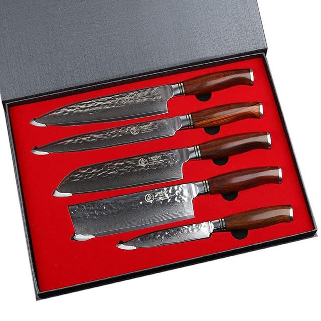 YARENH Kitchen Knife Set Professional 5 Piece Chef Knife Set - Damascus Stainless Steel - Galbergia Wood Handle,Gift Box Packaging,Sharp Vegetable Knives Sets HTT-Series