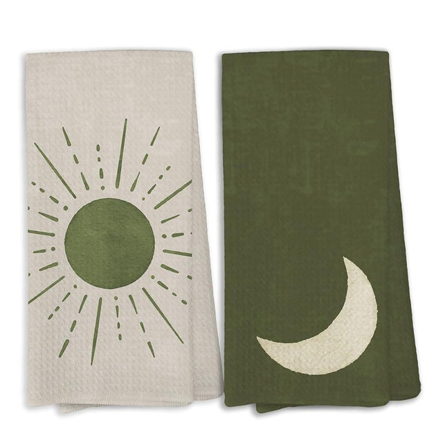 KTYHD Boho Sun and Moon Kitchen Towels, Minimalist Abstract Green Dish Towels for Kitchen, Celestial Sun and Moon Bathroom Hand Towels Decorative Set of 2, Boho Bathroom Decor Home & Kitchen