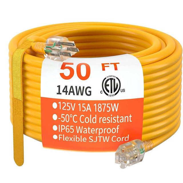 HUANCHAIN 50 ft 14/3 Gauge Heavy Duty Outdoor Extension Cord Waterproof with Lighted, Flexible Cold Weather 3 Prong Electric Cord Outside, 15A 1875W 125V 14AWG SJTW, Yellow, ETL Listed