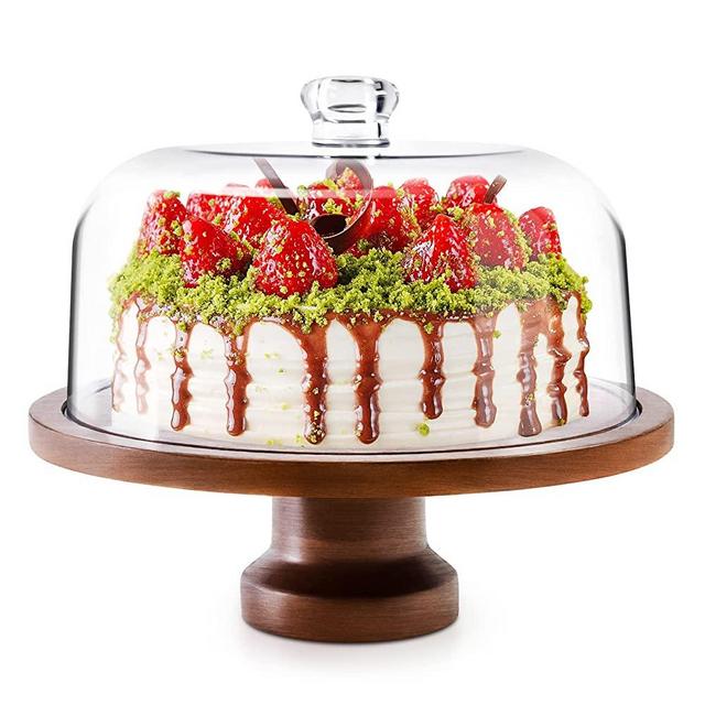 Cake Stand with Dome, Footed Detachable Acacia Wood Cake Plate and Acrylic Lid, Cake Display Server Tray for Birthday Kitchen Party Baking Gifts