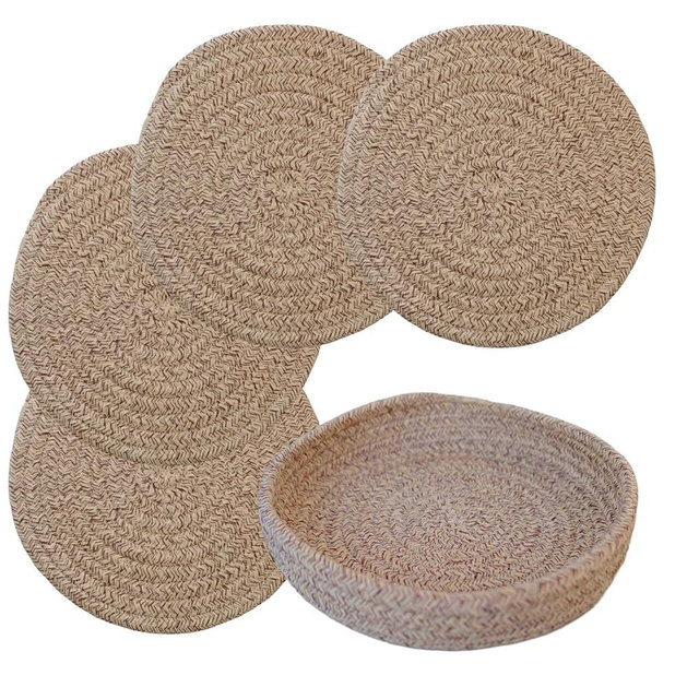 LUUTUUORA Trivets Set for Hot Dishes, Heat Resistant Pot Set Holder with Storage Basket Kitchen Countertop Decor, 100% Cotton Trivets Home Essentials Decor for Hot Pots and Pans, 7-Inch(Gray, 4 Pcs)